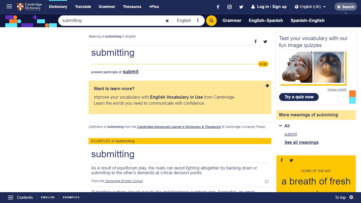 SUBMITTING | meaning, definition in Cambridge English Dictionary